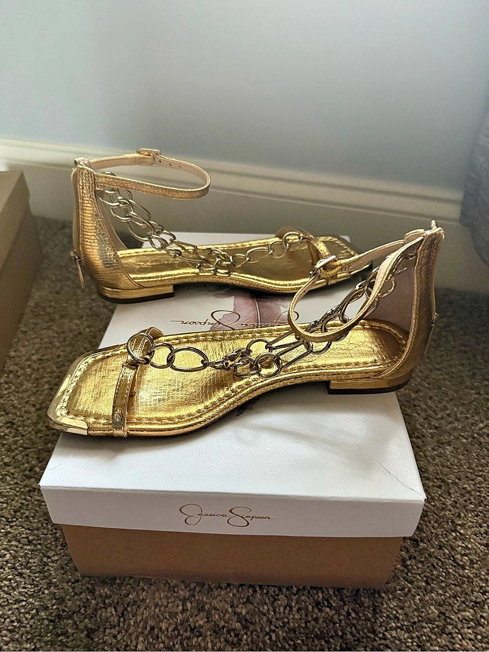 Jessica Simpson Edgey Chain-Trim Flat Sandals Gold. Beautiful and comfortable sa